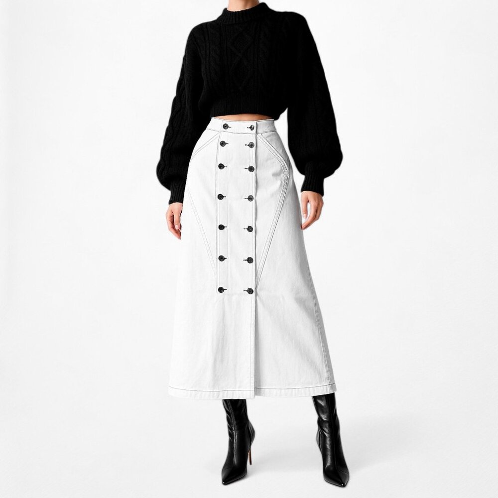 Jason Wu White Button Front Detail A-Line Denim High Waisted Maxi Skirt Size XS - Picture 2 of 6
